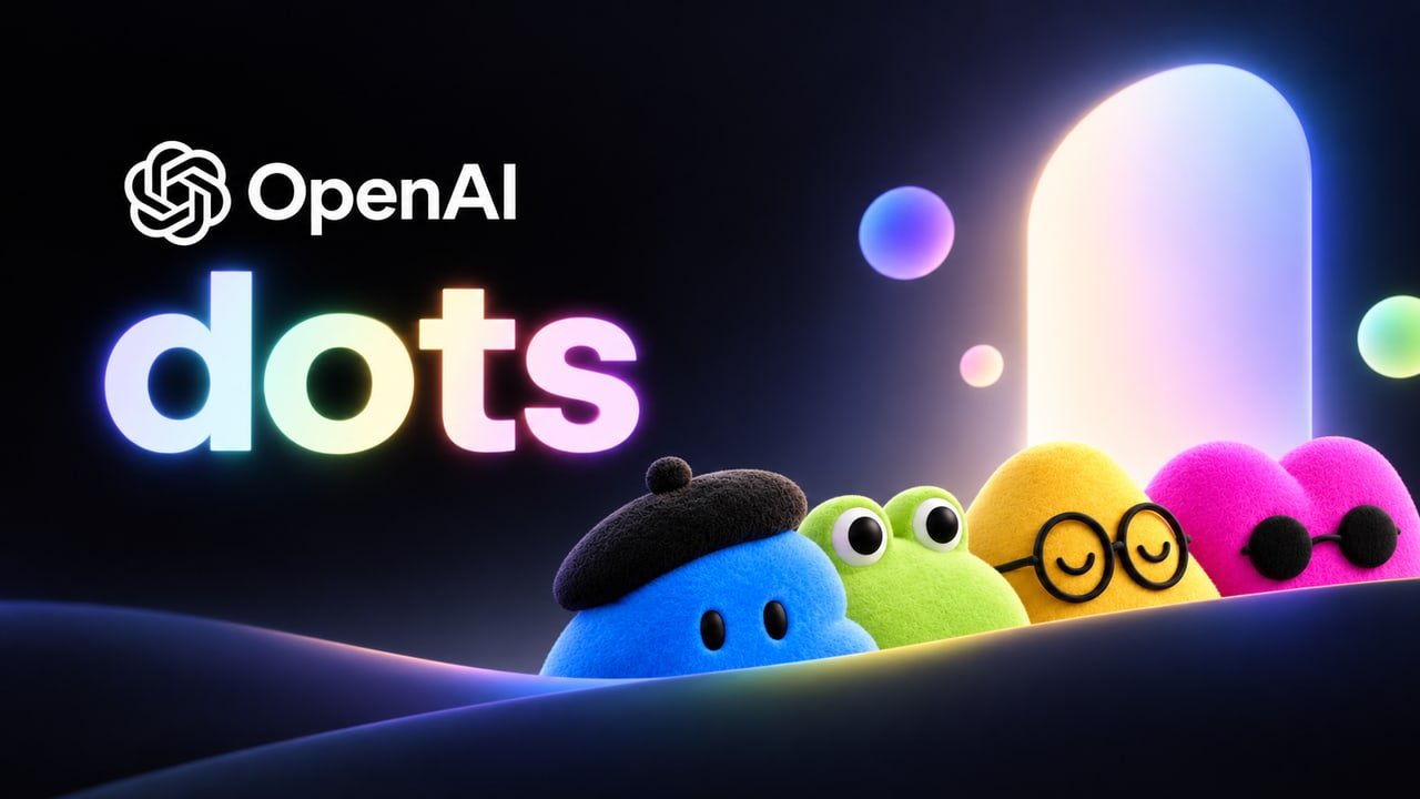 OpenAI- og Dots-logoene over fire fargerike, lodne figurer på mørk bakgrunn