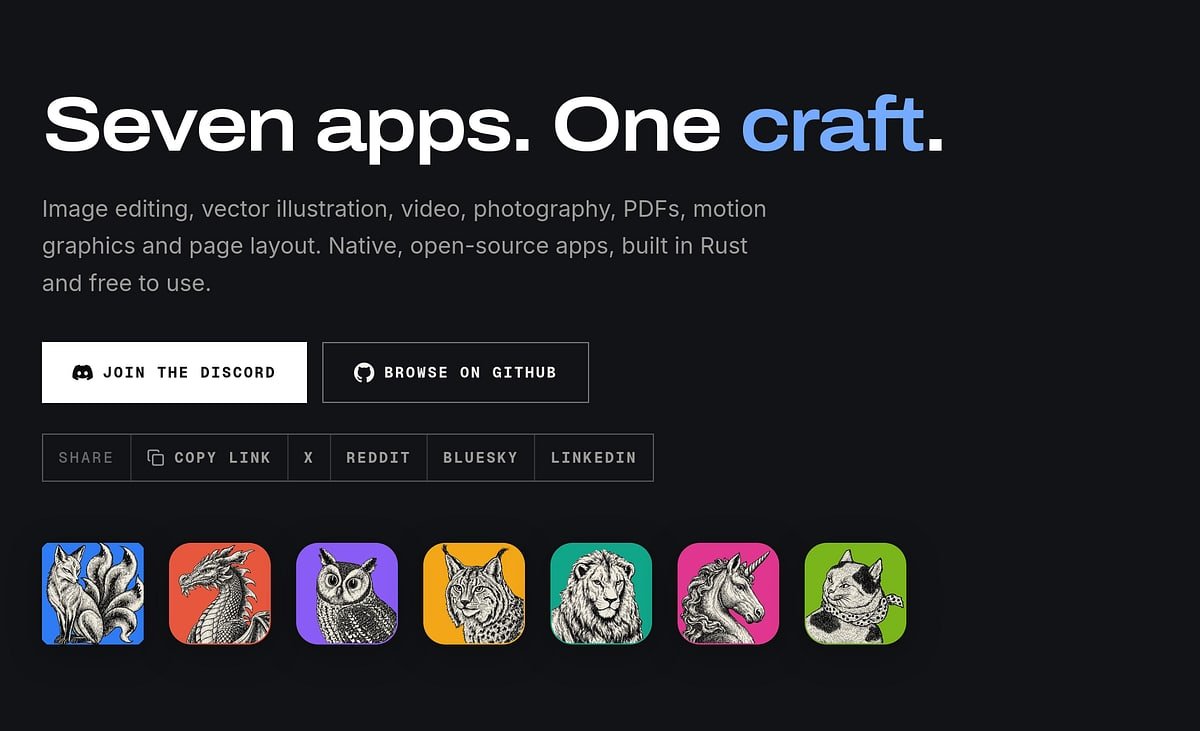 Forsiden til ArtCraft med overskriften «Seven apps. One craft.» og sju app-ikoner