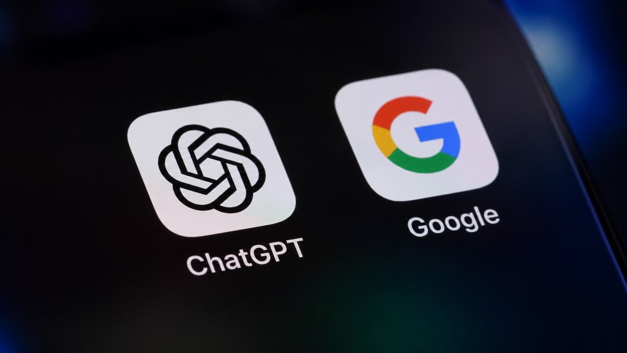 Telefonskjerm med app-ikonene til ChatGPT og Google på en mørk bakgrunn
