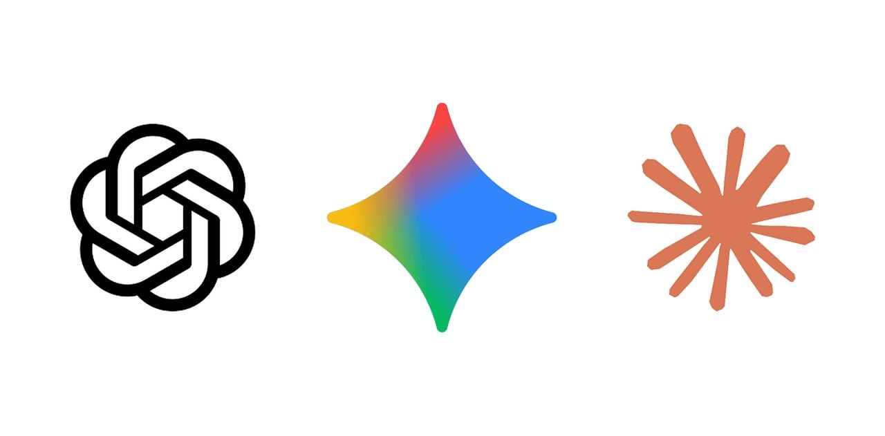 Logoene til ChatGPT, Google Gemini og Claude side om side på hvit bakgrunn