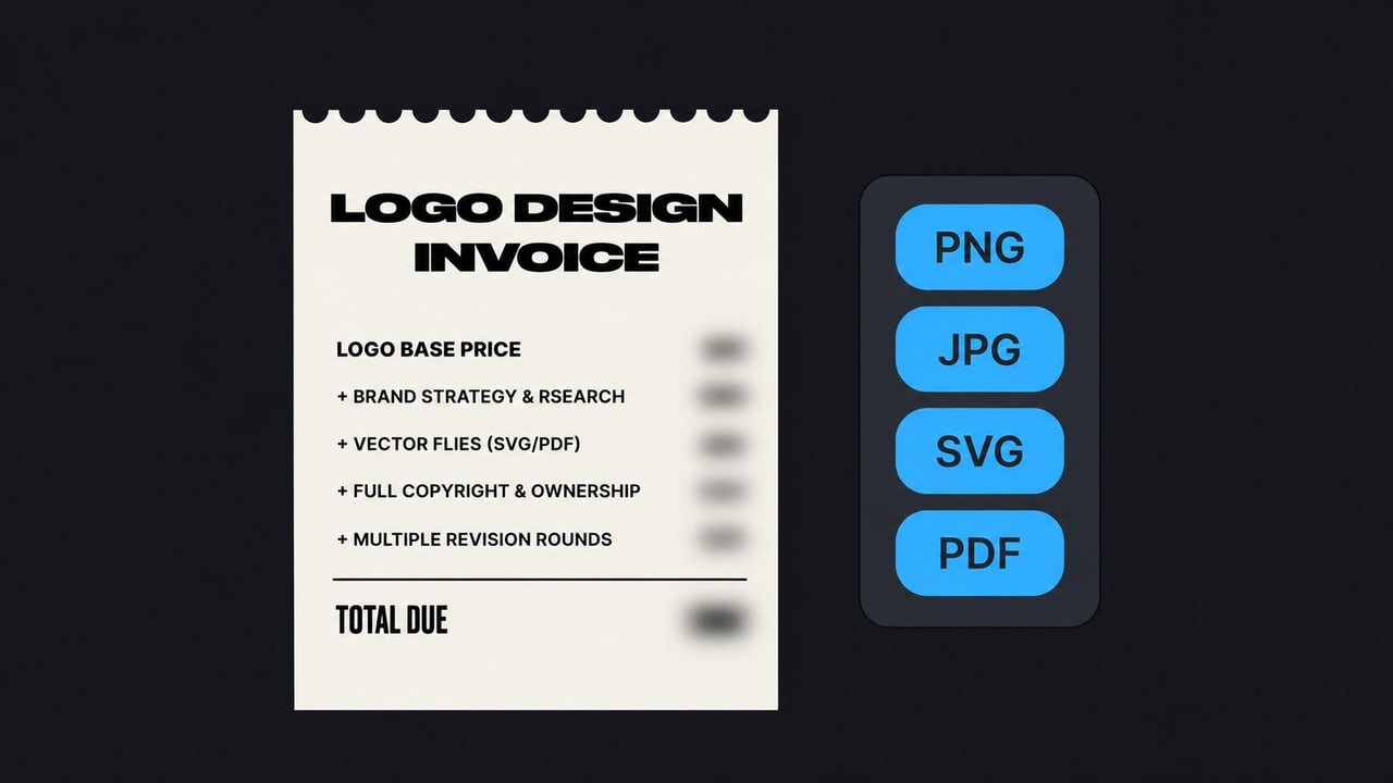 Faktura for logodesign med slørede priser, ved siden av filtypene PNG, JPG, SVG og PDF