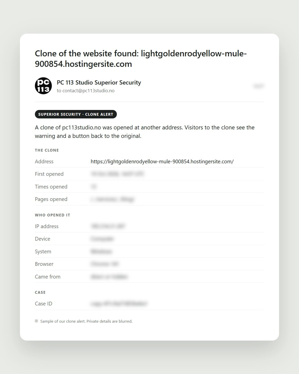 Clone alert email from PC 113 Studio Superior Security with the address of the clone and blurred IP address, device and visit details