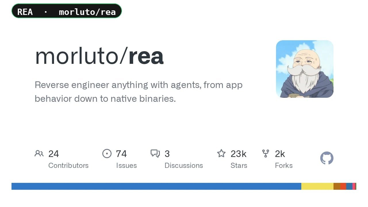 GitHub page of the morluto/rea project, Reverse Engineer Anything, with its description and star count